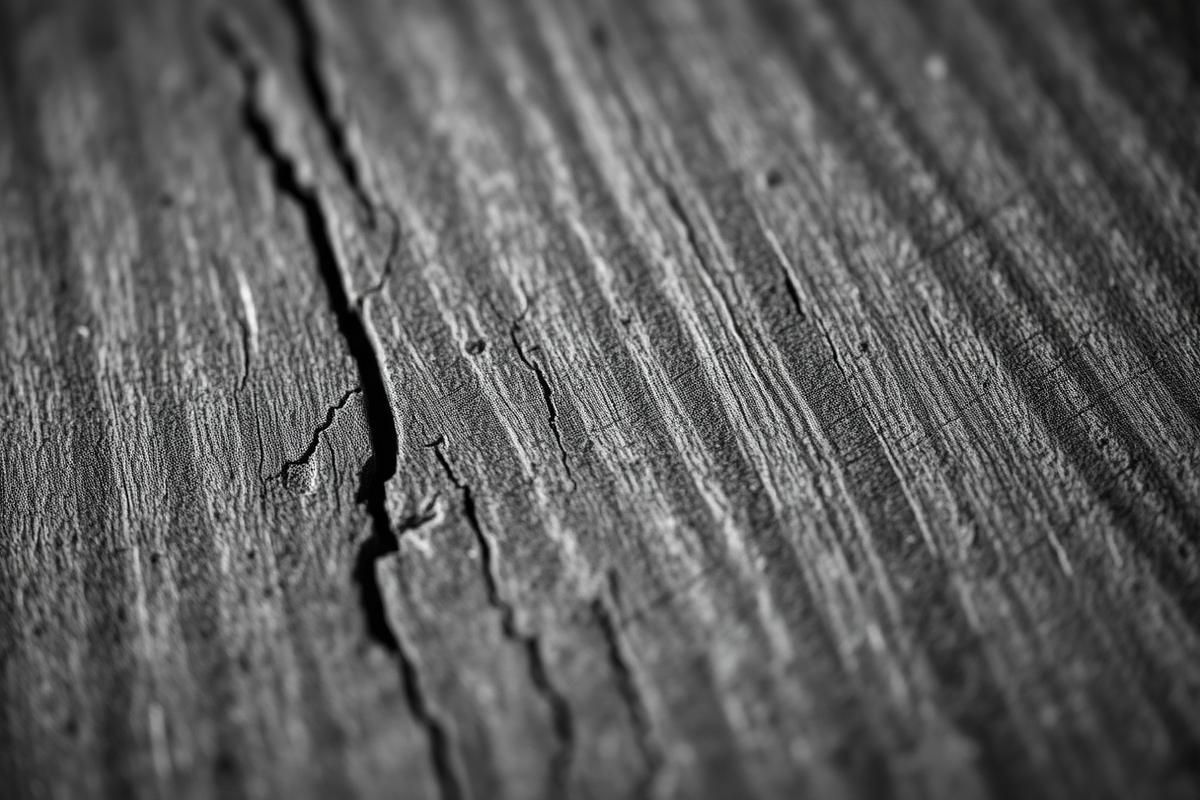 Macro detail of oak wood grain in high-contrast monochrome